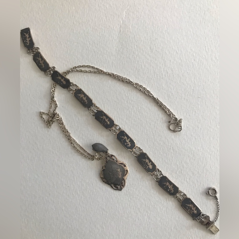 Vintage Sterling Siam Necklace & Bracelet Set